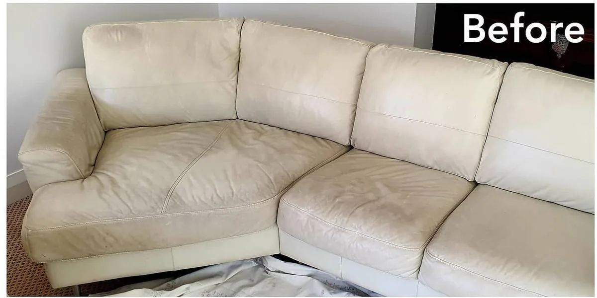 Dirty 3-seater sofa before professional deep shampoo cleaning in Dubai UAE