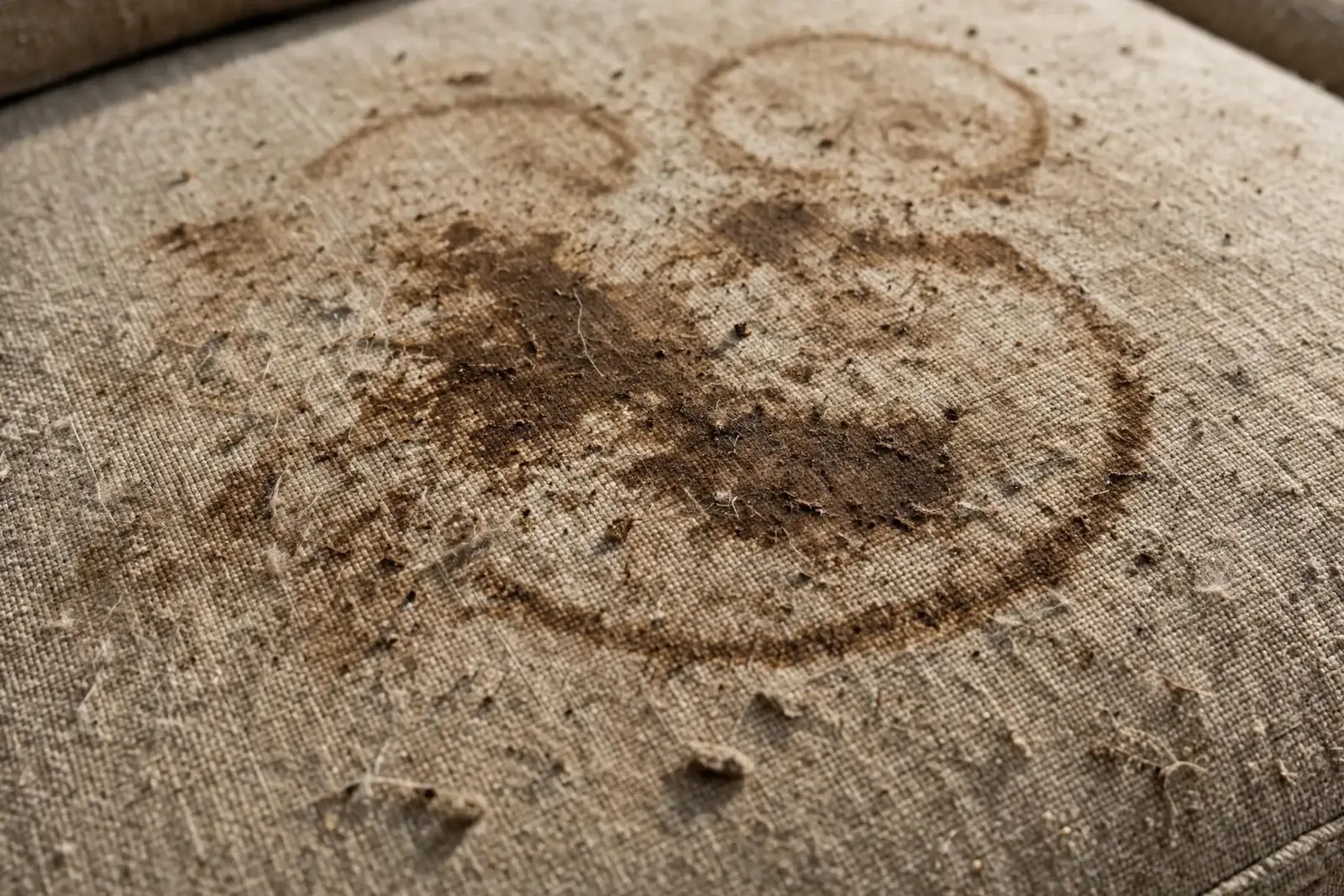 Close-up of a coffee stain soaked into a linen fabric sofa cushion