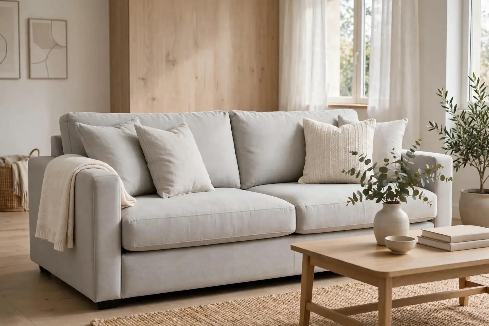 Light grey fabric sofa in a calm, sunlit living room โ sofa cleaning in Al Furjan, Dubai