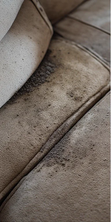 Beige fabric sofa with heavy dust and black dirt in seams before deep extraction cleaning in Ajman UAE