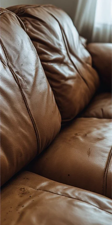 Leather sofa covered in dirt and marks before deep cleaning in JBR Dubai UAE