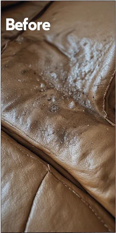 Leather sofa with dust and powder stains before professional cleaning in Dubai Marina UAE
