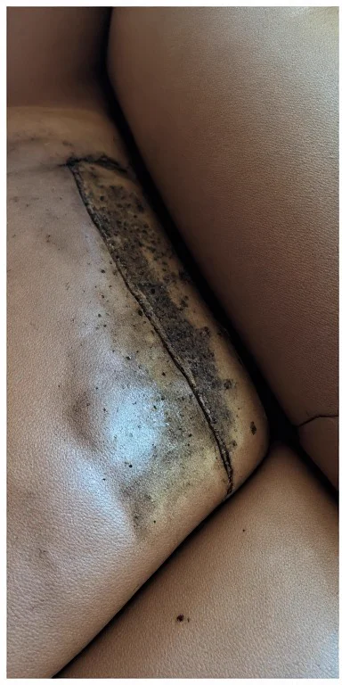 Severe mould and deep stains on leather sofa before Al Haya treatment in Palm Jumeirah Dubai