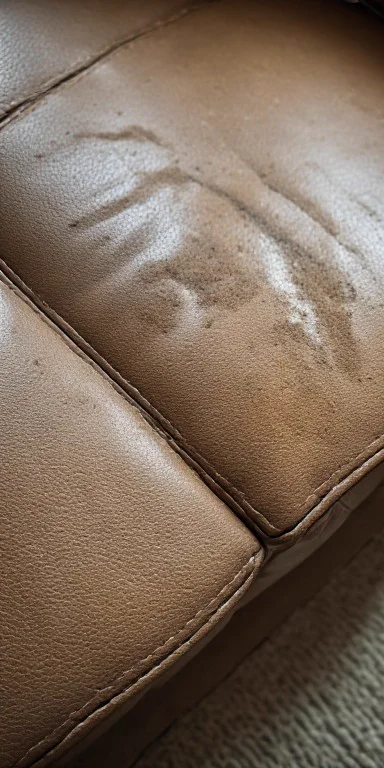 Leather sofa with scratches and scuff marks before cleaning service in Downtown Dubai UAE