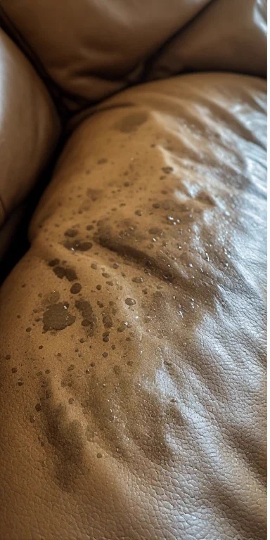 Leather sofa with water and liquid stains before professional cleaning in Deira Dubai UAE
