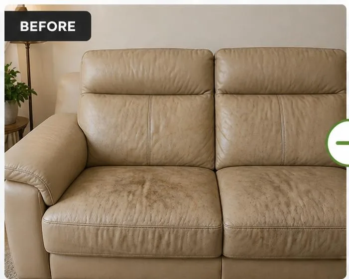 Dirty leather sofa before deep cleaning in Business Bay Dubai