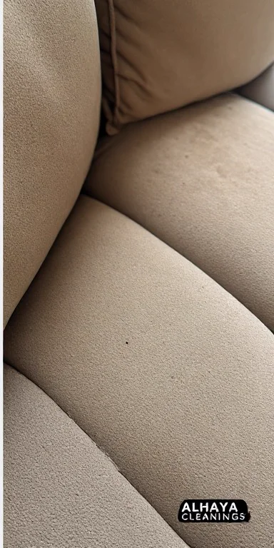 Beige microfiber sofa perfectly clean after spot stain removal by Al Haya Sofa Care Sharjah UAE