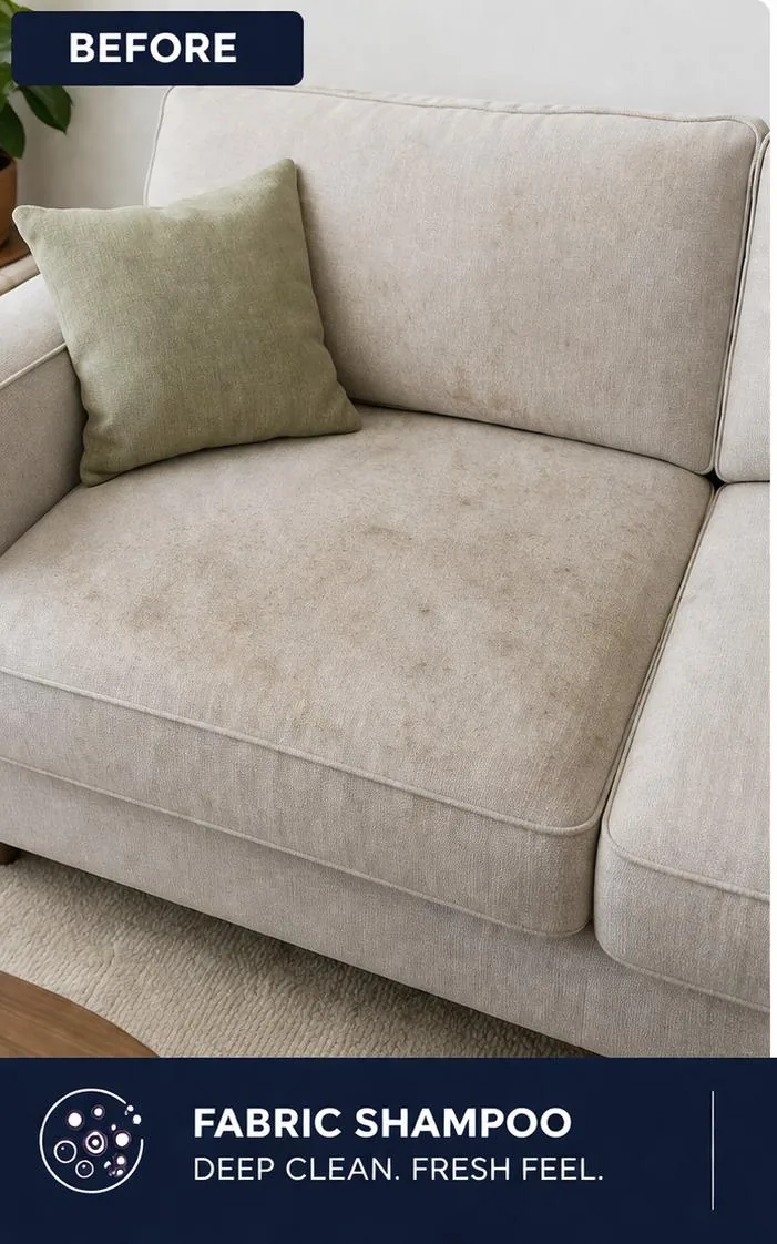 Fabric sofa before professional shampoo cleaning in Sharjah UAE