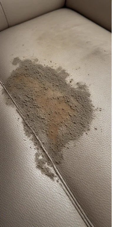 White leather sofa with large dust and sand stain before professional leather cleaning in Palm Jumeirah Dubai
